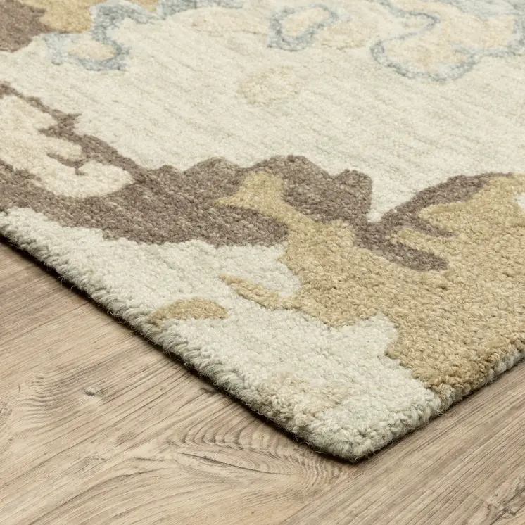 8' Beige And Blue Wool Abstract Hand Tufted Runner Rug