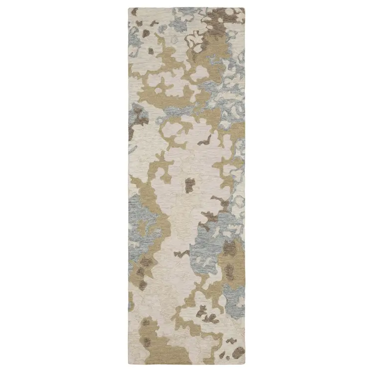 8' Beige And Blue Wool Abstract Hand Tufted Runner Rug