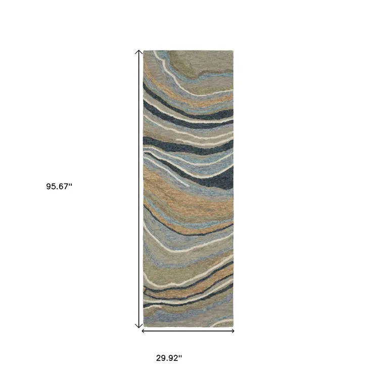 8' Gray And Blue Wool Abstract Hand Tufted Runner Rug