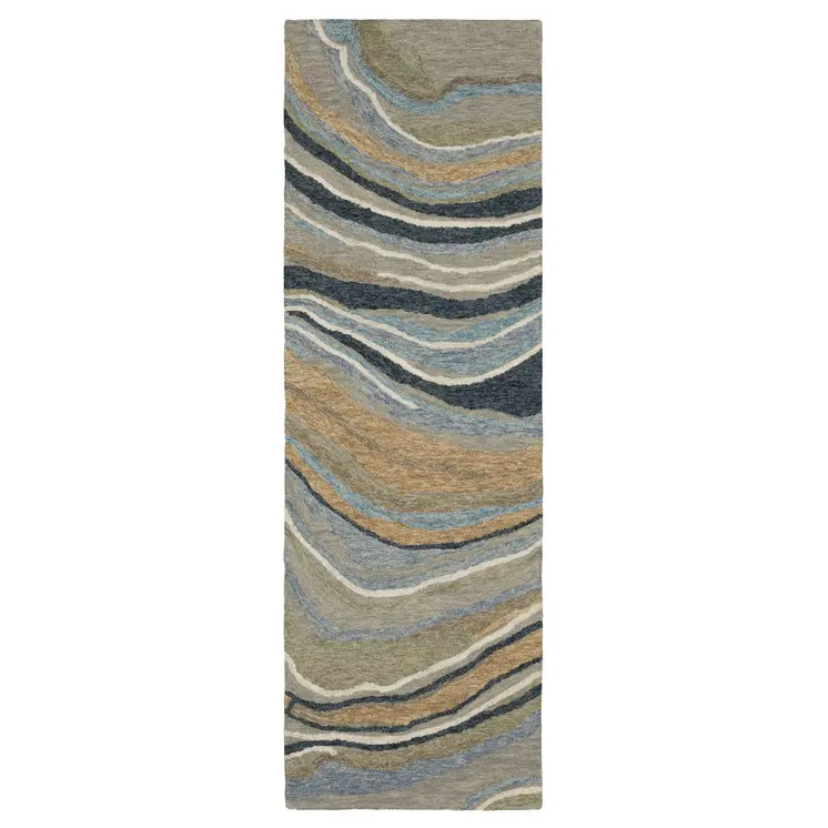8' Gray And Blue Wool Abstract Hand Tufted Runner Rug