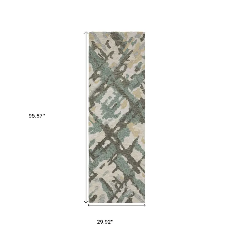 8' Gray And Teal Wool Abstract Hand Tufted Runner Rug