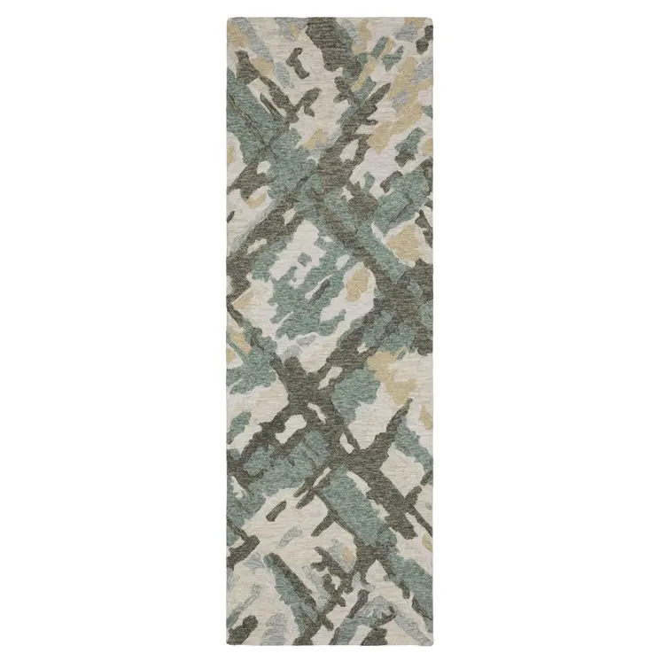 8' Gray And Teal Wool Abstract Hand Tufted Runner Rug