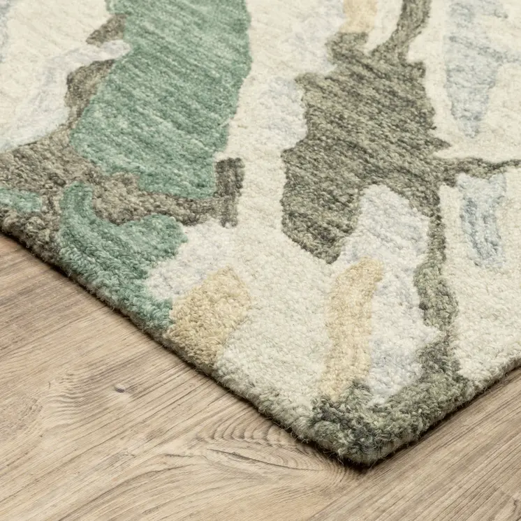 8' Gray And Teal Wool Abstract Hand Tufted Runner Rug