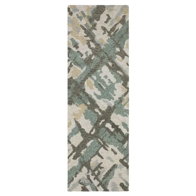 8' Gray And Teal Wool Abstract Hand Tufted Runner Rug