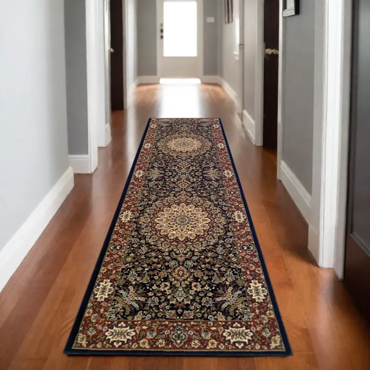 8' Blue And Red Oriental Runner Rug