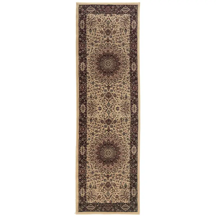 8' Ivory And Black Oriental Runner Rug
