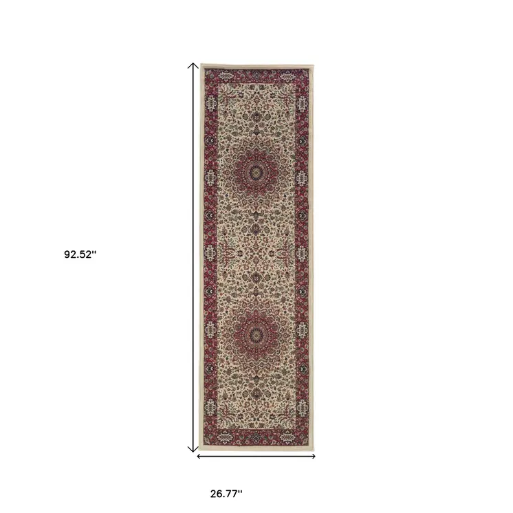 8' Ivory And Red Oriental Runner Rug