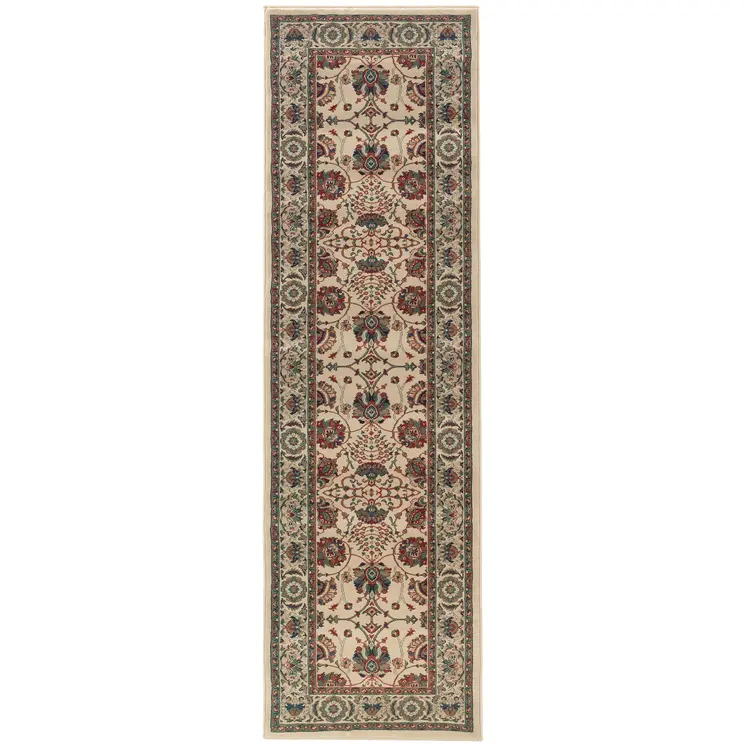 8' Ivory And Red Floral Runner Rug
