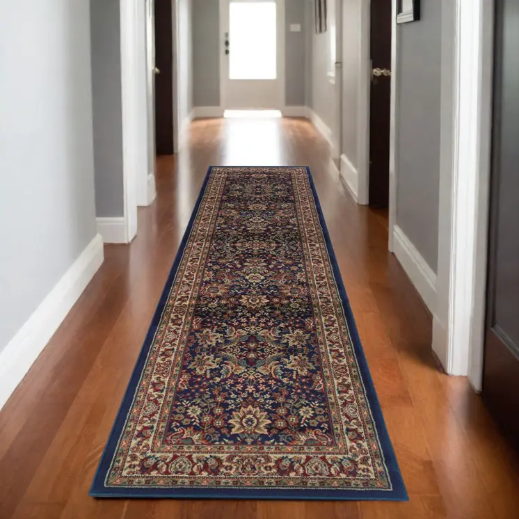 8' Blue And Red Oriental Runner Rug