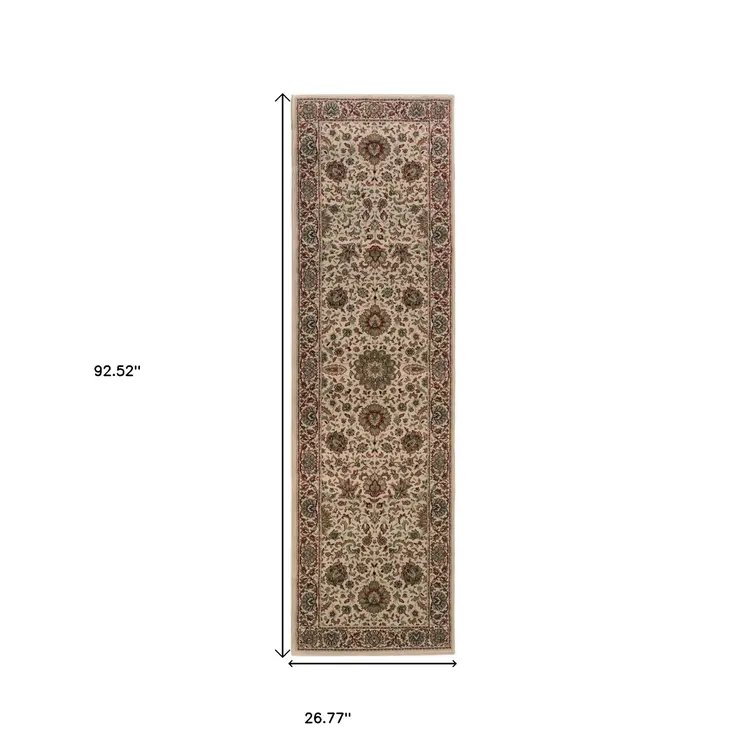 8' Ivory And Green Oriental Runner Rug