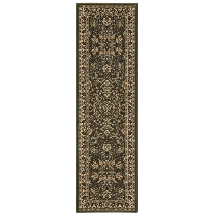 8' Green And Ivory Oriental Runner Rug