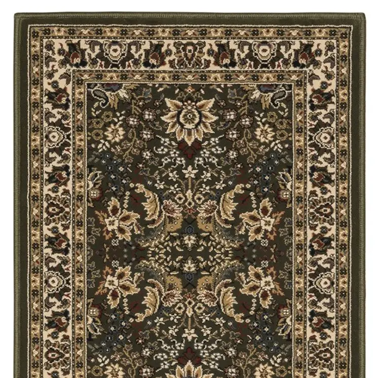 8' Green And Ivory Oriental Runner Rug