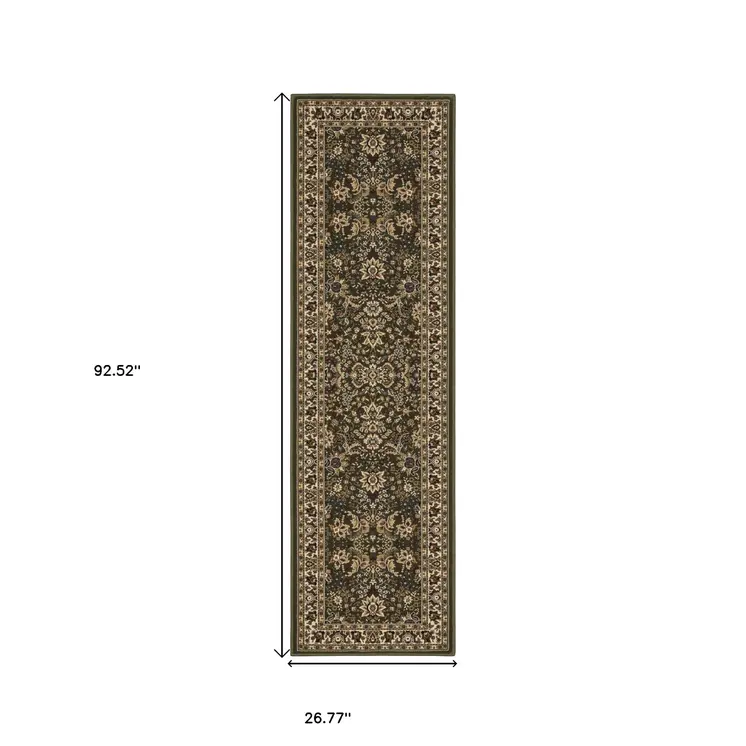 8' Green And Ivory Oriental Runner Rug
