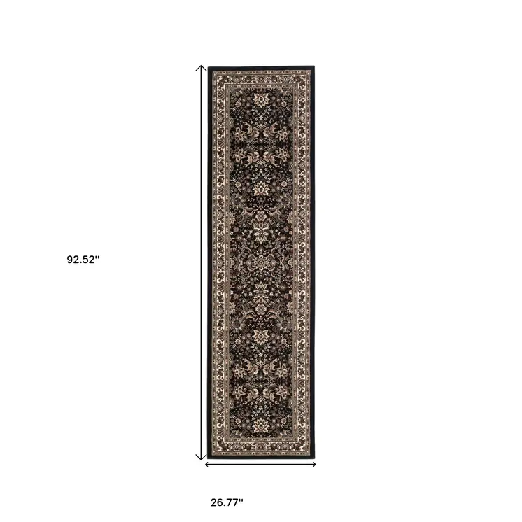 8' Black And Ivory Oriental Runner Rug