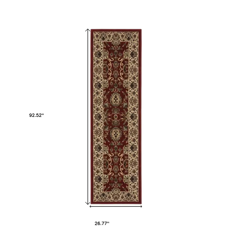 8' Red And Ivory Oriental Runner Rug