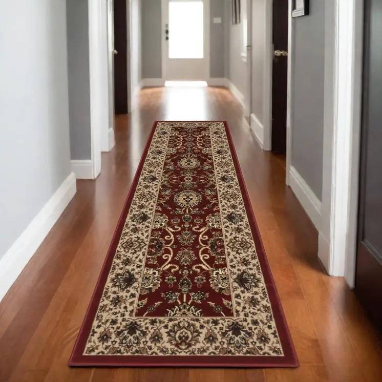 8' Red And Ivory Oriental Runner Rug