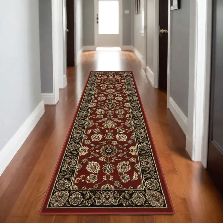 8' Red And Black Oriental Runner Rug