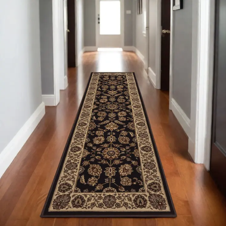 8' Brown And Ivory Oriental Runner Rug