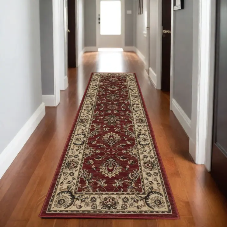 8' Red And Ivory Oriental Runner Rug