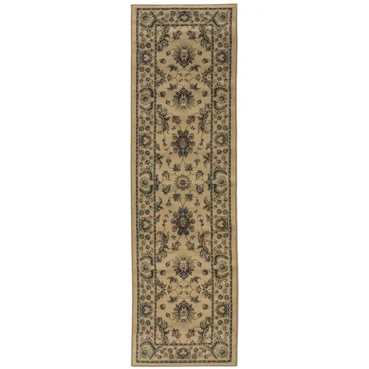 8' Ivory And Green Oriental Runner Rug