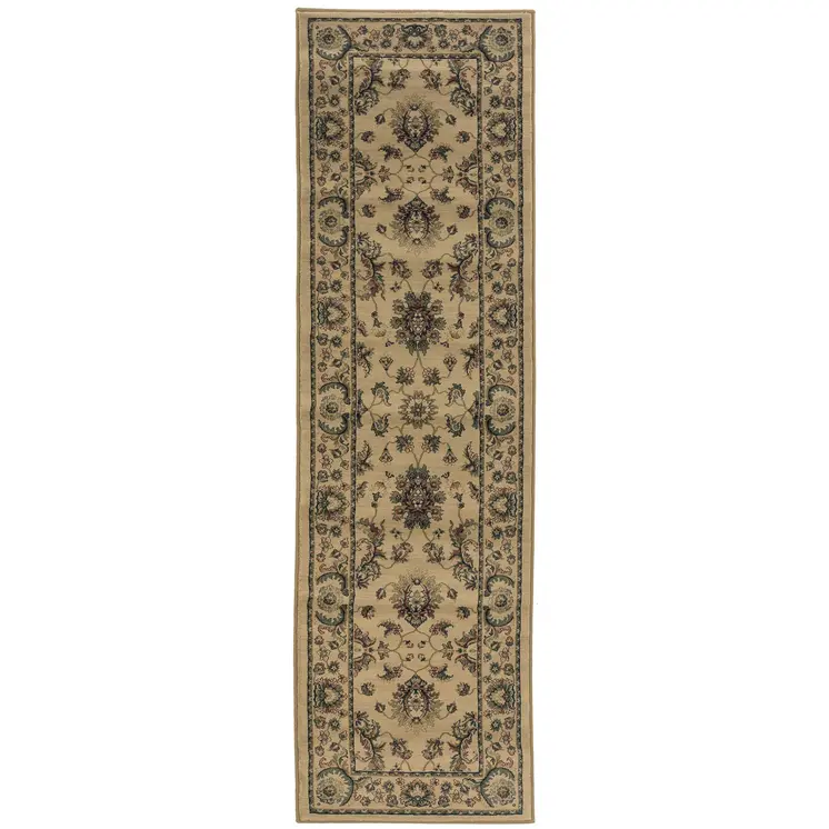 8' Ivory And Green Oriental Runner Rug