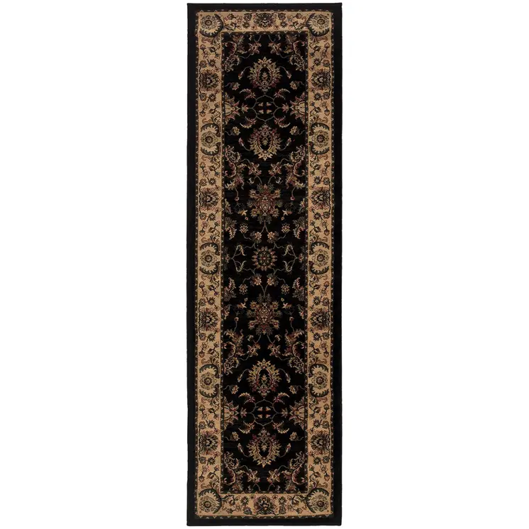 8' Black And Ivory Oriental Runner Rug