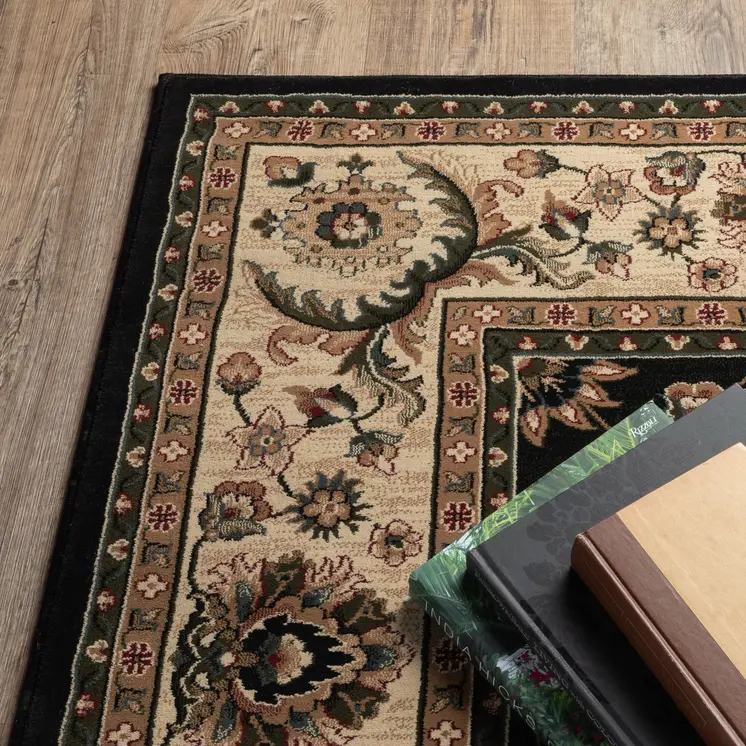 8' Black And Ivory Oriental Runner Rug