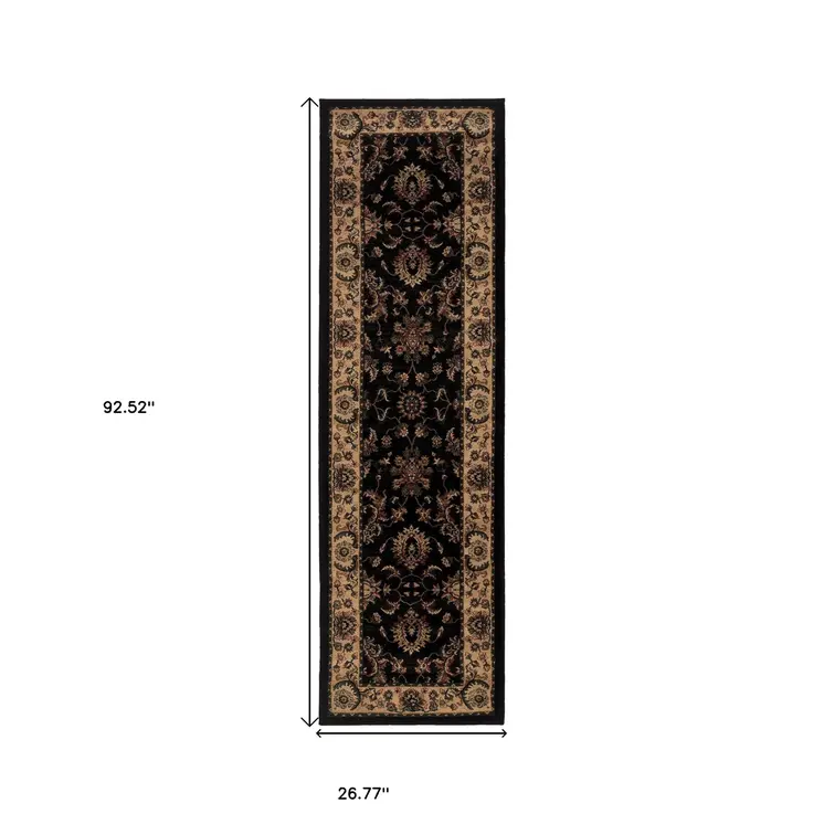8' Black And Ivory Oriental Runner Rug