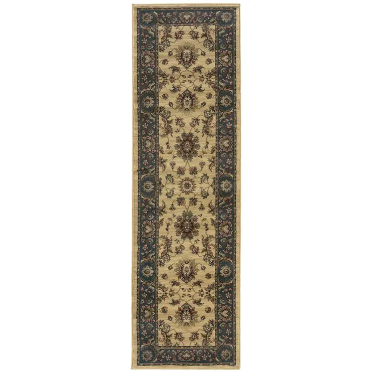 8' Ivory And Blue Oriental Runner Rug
