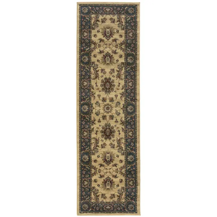 8' Ivory And Blue Oriental Runner Rug