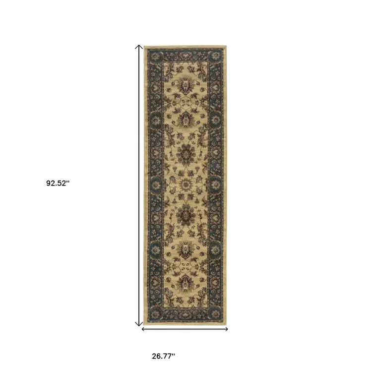 8' Ivory And Blue Oriental Runner Rug