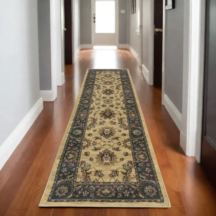8' Ivory And Blue Oriental Runner Rug