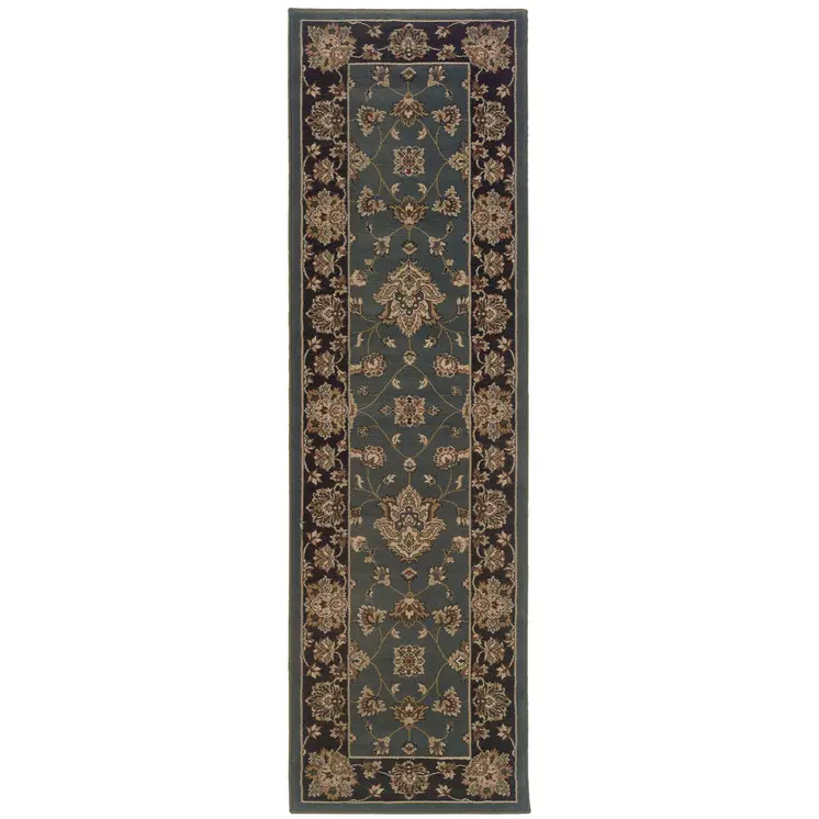 8' Blue And Black Floral Runner Rug