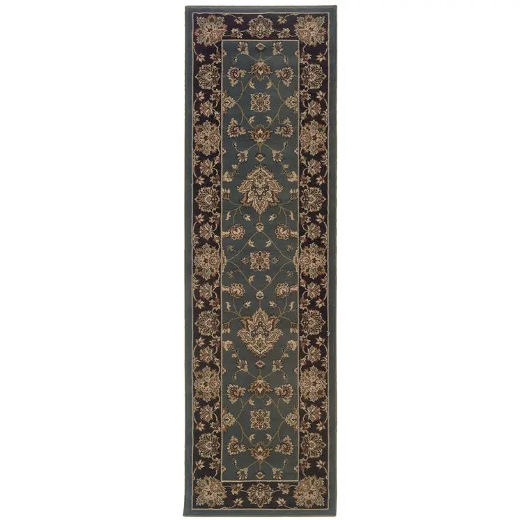 8' Blue And Black Floral Runner Rug