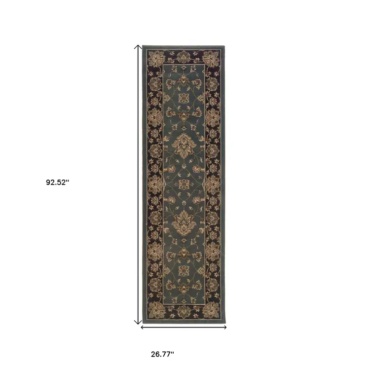 8' Blue And Black Floral Runner Rug