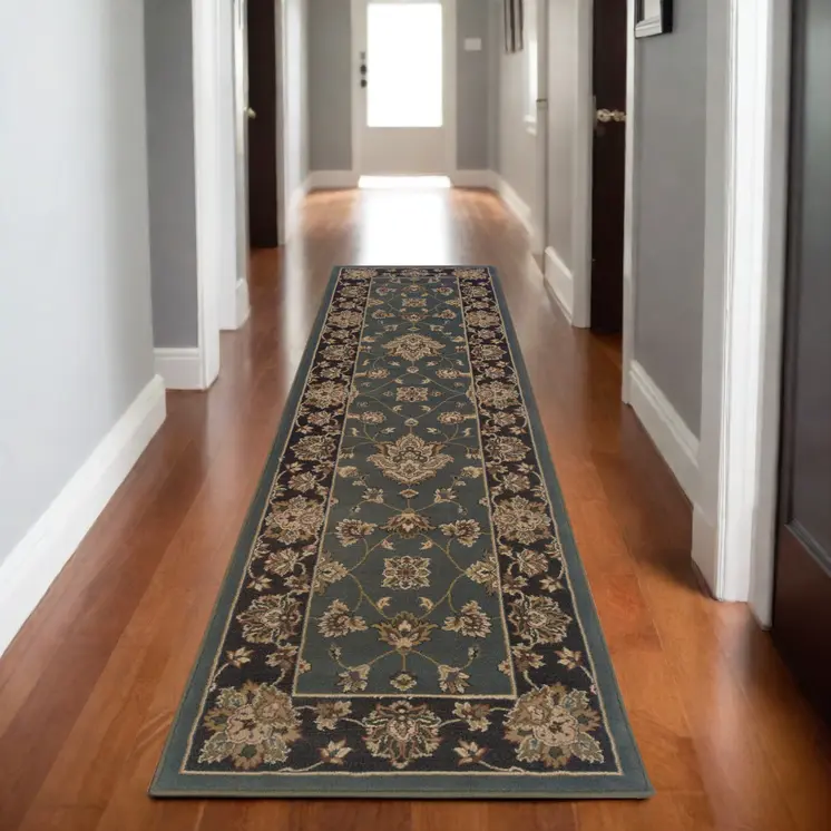 8' Blue And Black Floral Runner Rug