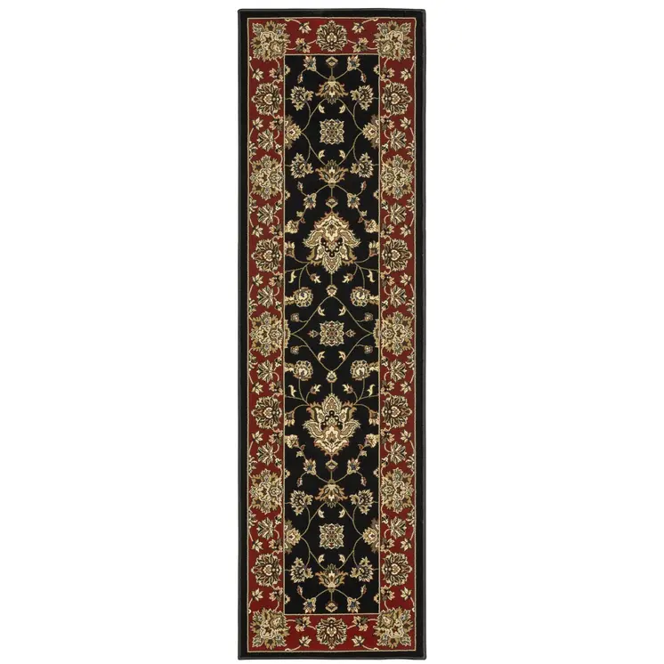 8' Black And Red Floral Runner Rug