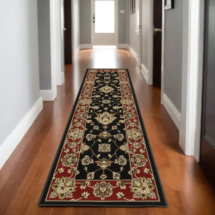 8' Black And Red Floral Runner Rug