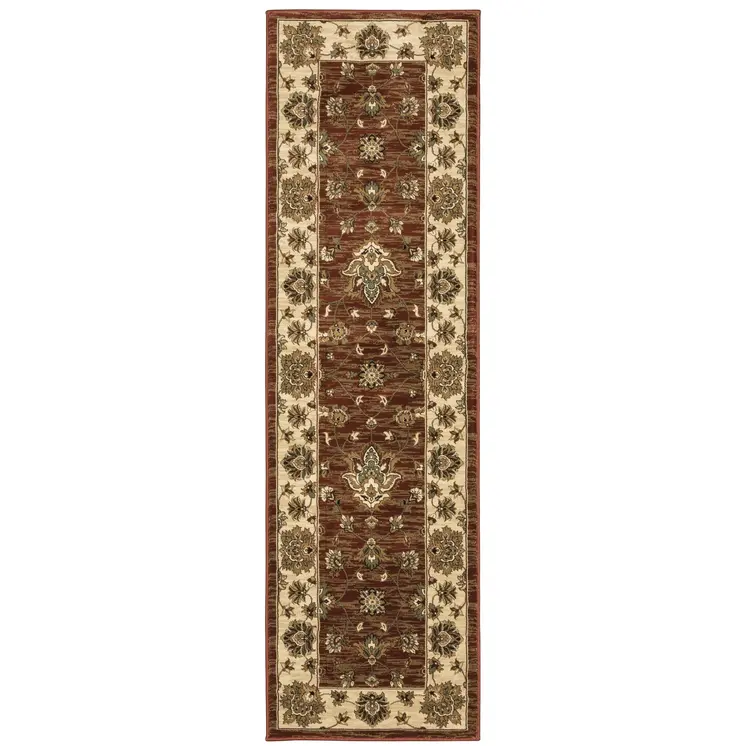8' Red And Ivory Floral Runner Rug