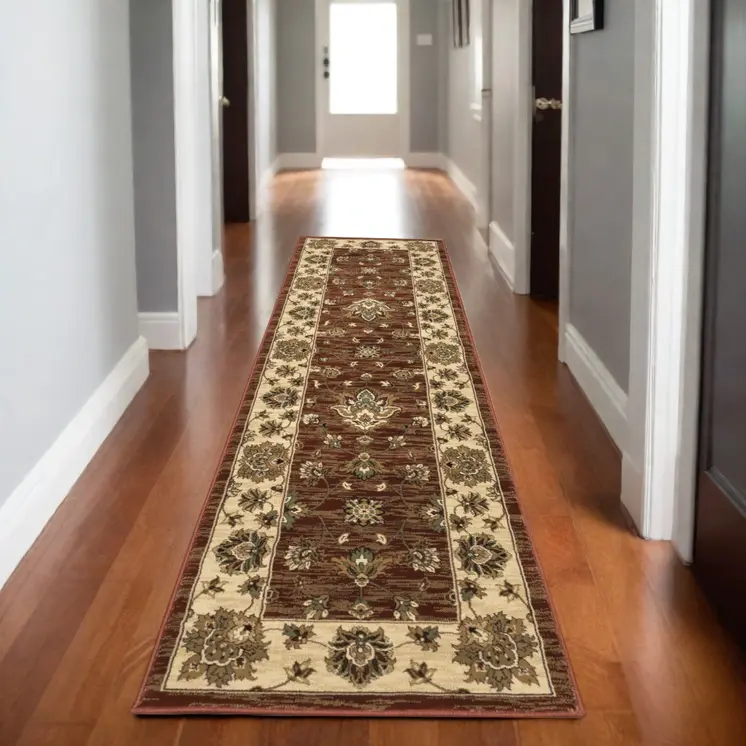 8' Red And Ivory Floral Runner Rug