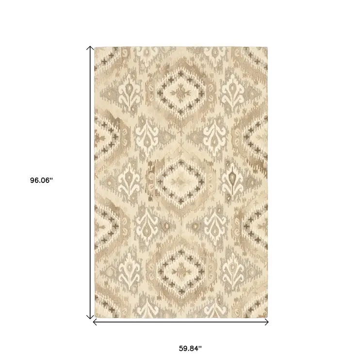 5' X 8' Beige And Ivory Wool Abstract Hand Tufted Area Rug