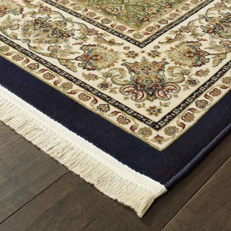 10' Navy Blue And Ivory Oriental Runner Rug With Fringe