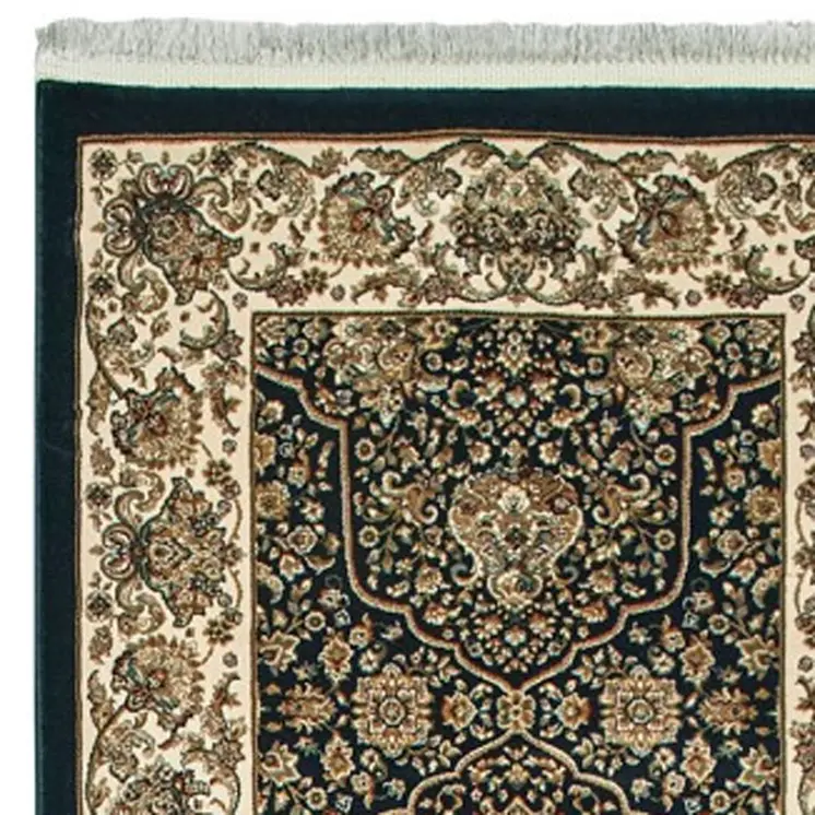 10' Navy Blue And Ivory Oriental Runner Rug With Fringe