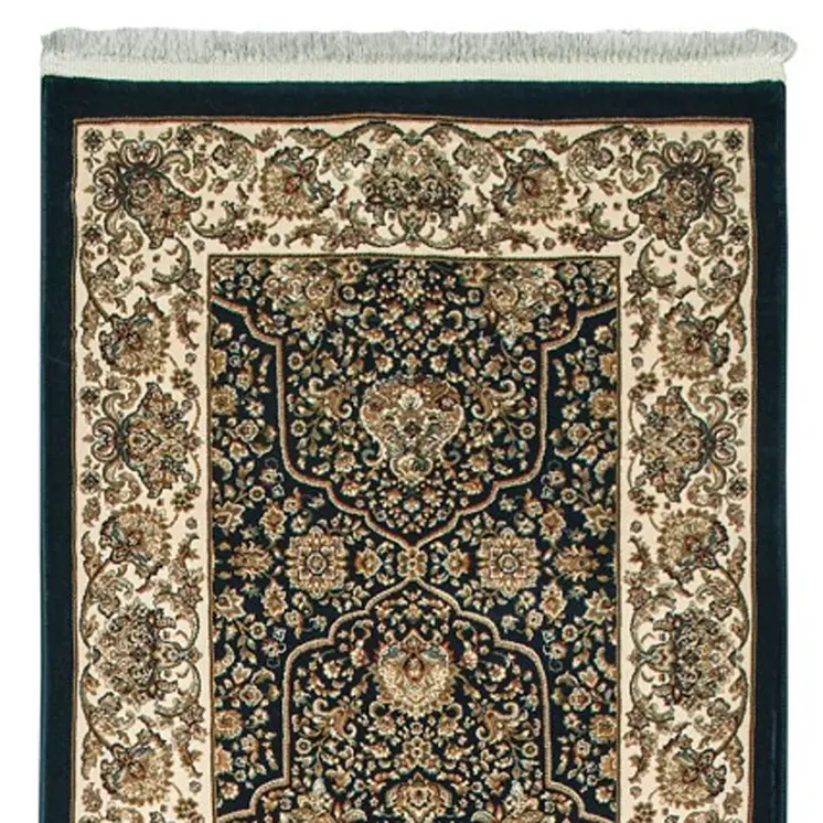 10' Navy Blue And Ivory Oriental Runner Rug With Fringe