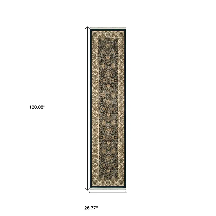 10' Navy Blue And Ivory Oriental Runner Rug With Fringe