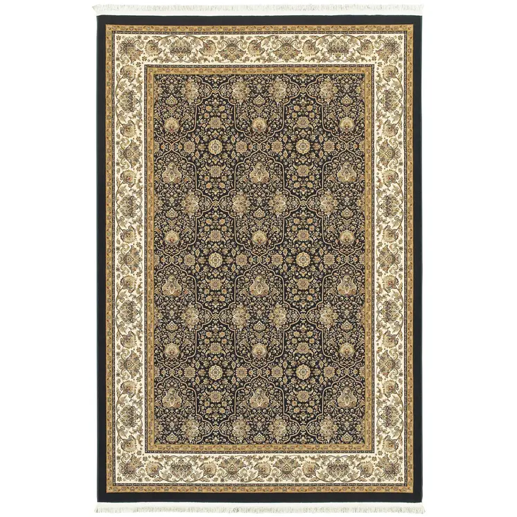 8' X 11' Navy Blue And Ivory Oriental Area Rug With Fringe