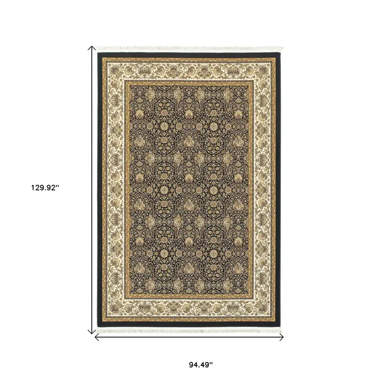 8' X 11' Navy Blue And Ivory Oriental Area Rug With Fringe