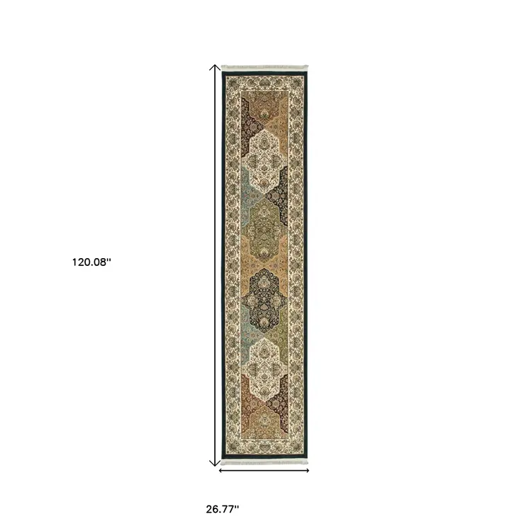 10' Navy Blue Tan And Ivory Oriental Runner Rug With Fringe