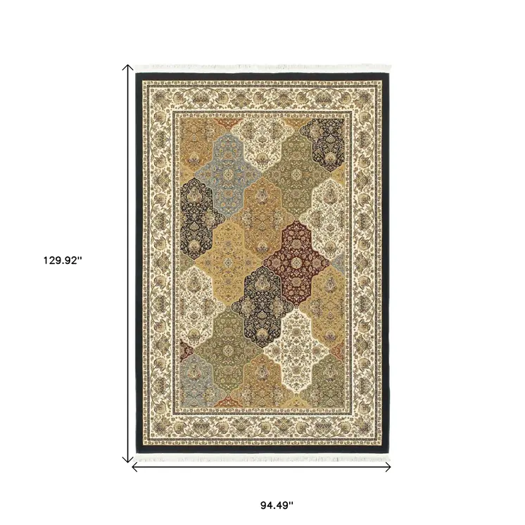 8' X 11' Navy Blue Tan And Ivory Oriental Area Rug With Fringe