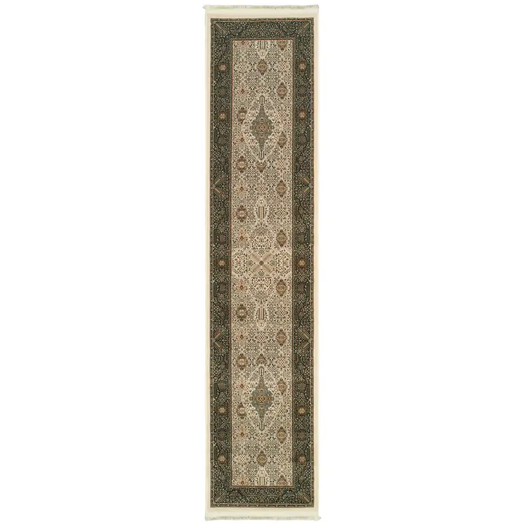 10' Ivory And Dark Blue Medallion Runner Rug With Fringe